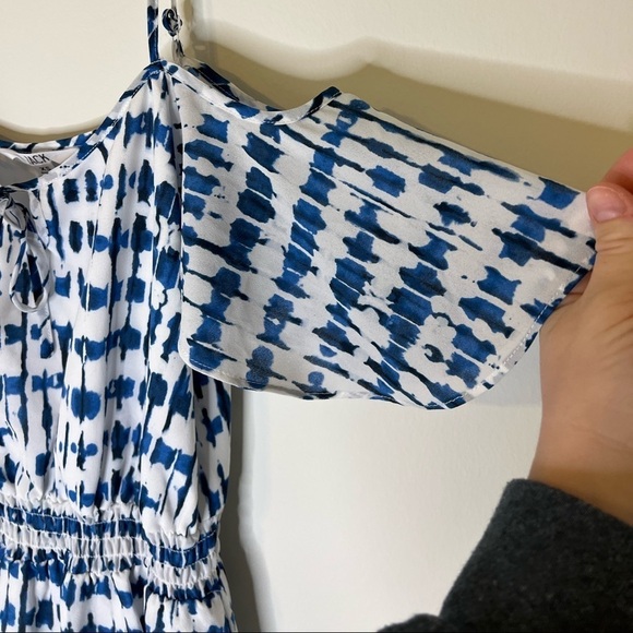 2/$30 Jack - Blue White Cold Shoulder Mini Dress Spaghetti Strap XS - Picture 3 of 8